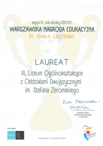 Read more about the article Warszawska Nagroda Edukacyjna im.Marka Edelmana. Tytuł Laureata dla naszej szkoły.