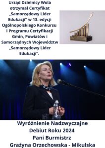 Read more about the article Urząd Dzielnicy Wola otrzymał Certyfikat „Samorządowy Lider Edukacji”
